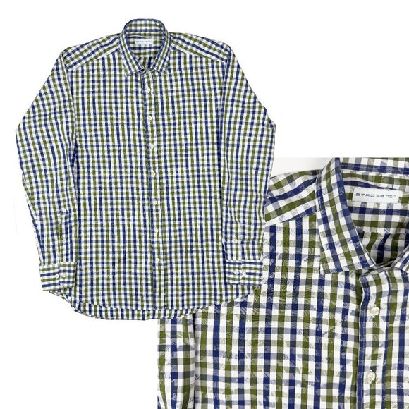 ETRO Milano NWOT Luxury Cotton Checked Blue & Green Pattern Shirt Collar sz 42 - Picture 1 of 8
